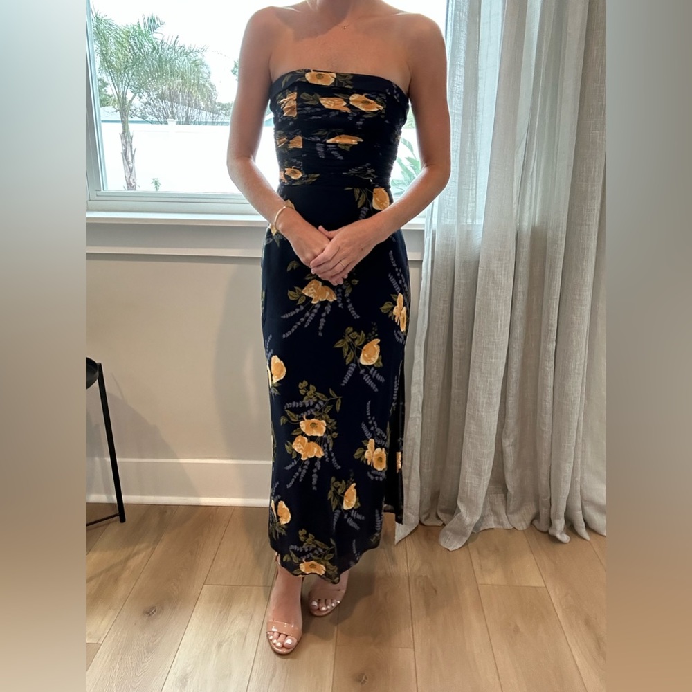 Reformation Black Strapless Midi Dress with Yellow Floral Print